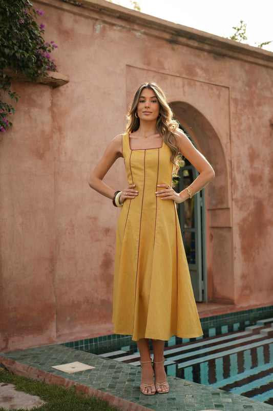 VESTIDO FLORA LINO MOSTAZA
