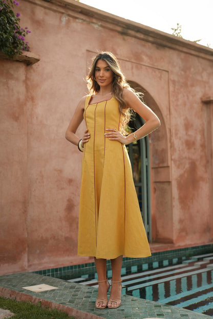 VESTIDO FLORA LINO MOSTAZA