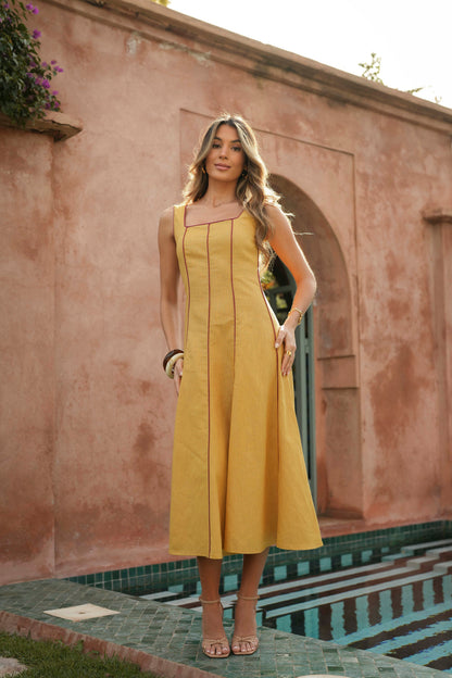 VESTIDO FLORA LINO MOSTAZA